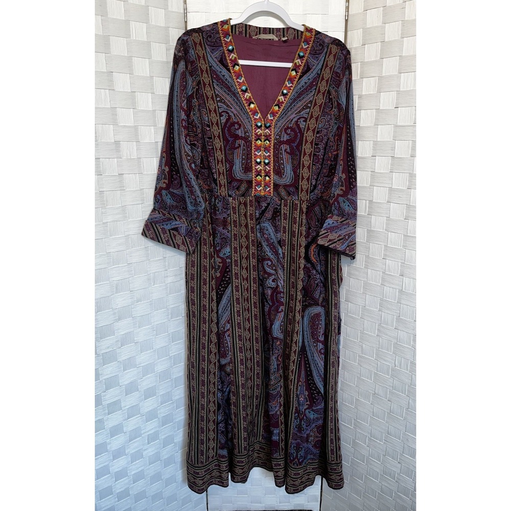 Soft Surroundings‎ MIRA Purple Embroidered Paisley Maxi Dress Size L Boho Indie